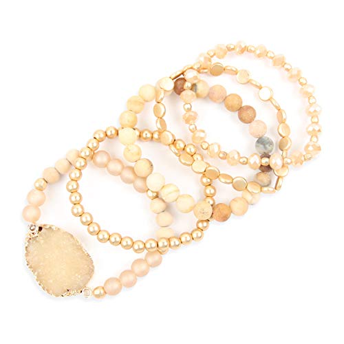 RIAH FASHION Bohemian Acrylic Druzy Multi-Layer Bead Statement Bracelet - Versatile Faux Stone Pendant Stretch Strand Stackable Cuff Bangle Set Sparkly Crystal - color: Acrylic Druzy & Natural Stone Bead Brown Jasper