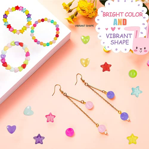 560Pcs Candy Color Pastel Beads Acrylic Heart Beads Stars Beads Colorful Pony Beads Round Beads Cute Loose Plastic Beads Bulk for Jewelry Making DIY Craft Necklace Rainbow Bracelet(Jelly Color Beads)