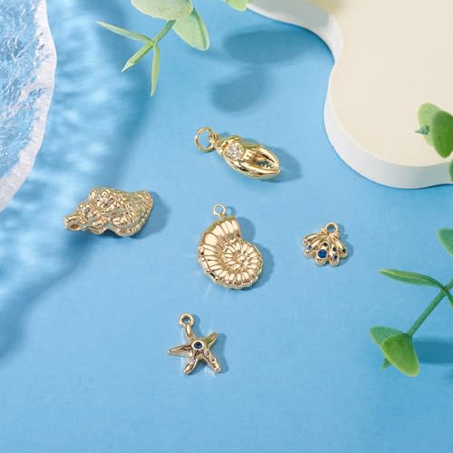 Cheriswelry 5Pcs 18K Gold Filled Conch Shell Charms Cubic Zirconia Metal Brass Seashell Starfish Pendants 10-20.5mm for DIY Summer Necklace Bracelet Earring Jewelry Making - color: Gold-5pcs