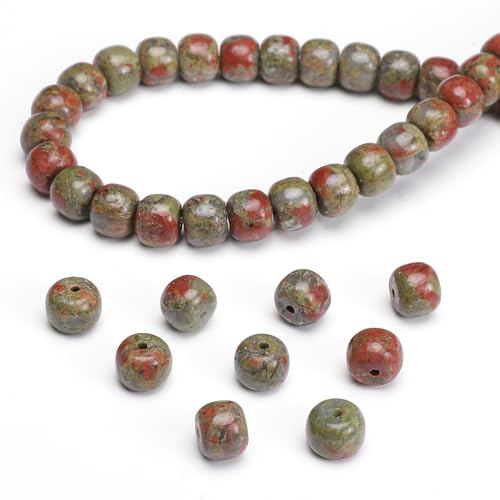 BEADIA Natural Unakite Flat Cut Round Drum Stone 8mmx7mm Loose Semi Gemstone Beads for Jewelry Making 38cm - color: Unakite