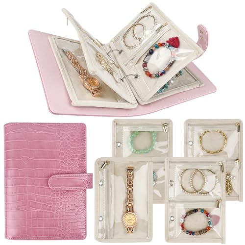 Travel Jewelry Organizer Case,Small Jewelry Bags Jewelry Storage Book Ring Binder with Clear Zipper Velvet Pouch for Women Traveling,Earrings, Rings, Necklace, Bracelet (Pink) - color: Pink