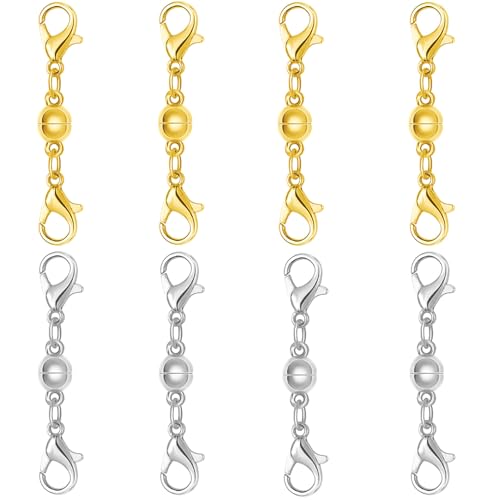 Magnetic Necklace Clasps and Closures, S925 Sterling Silver Magnetic Clasp Converter, Double Lobster Clasp Design (8pcs Gold Silver) - color: 8pcs gold silver