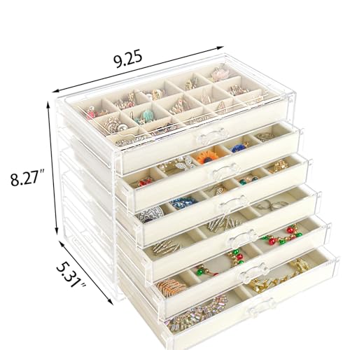 Watpot Acrylic Jewelry Box with 6 Drawers, Clear Earring Storage Organizer Display Case for Women Girls, Beige - color: Beige 6 Layers