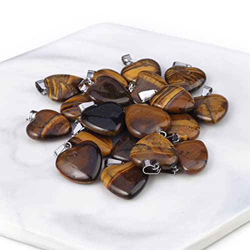 LE SKY 20 Pcs natural stone pendants heart shape healing stone charms for jewelry making - color: tiger eye