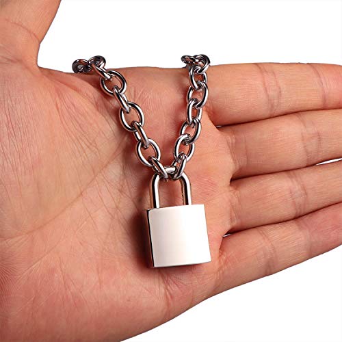 DIBOLA Padlock Necklace Stainless Steel Lock Chain for Men Women Silver 18-24 inch - color: Silver2
