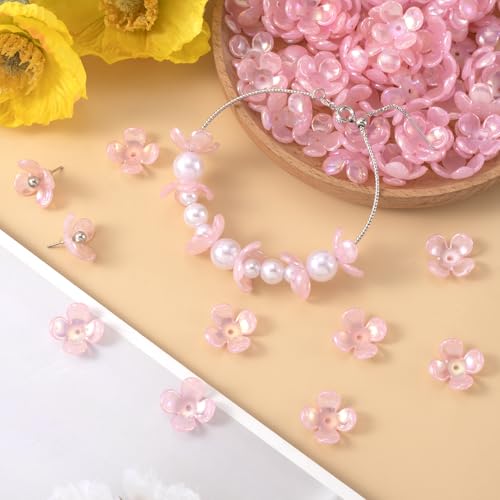100pcs Cherry Blossom Beads, 5-Petal Acrylic Flower Beads, Mini Spacer Hair Accessories Halloween Christmas for Bracelets Earring Jewelry Making- Pink - color: Pink