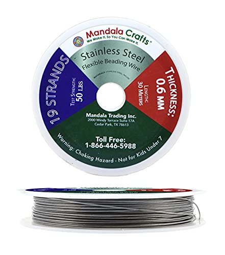 Mandala Crafts 19 Strand Beading Wire for Jewelry Making - 98 FT 22 Gauge Stainless Steel Braided Tiger Tail Wire for Bead Stringing - size: 19 Strands 22 Gauge 0.6MM 98FT