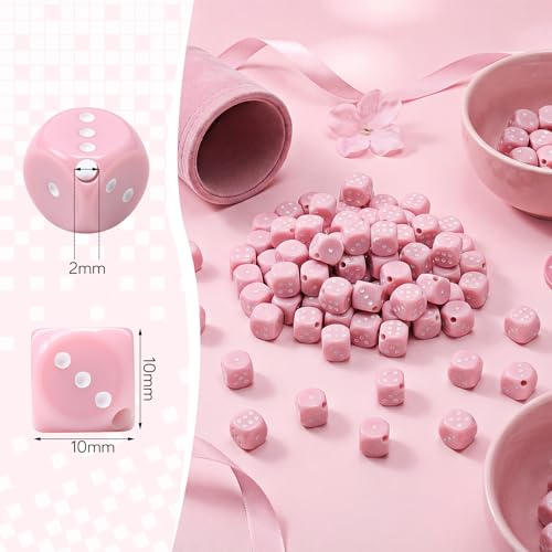 Ferreve 90 Piece Acrylic Dice Beads 10mm Dice Beads Bulk, Casino Games Birthday Party Supplies, Jewelry Making, Bracelet Necklaces Lanyard DIY Handicrafts (Pink) - color: Pink