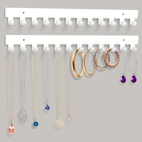 2 Pack Necklace Holder - Hanging Jewelry Organizer, Self-Adhesive, Wall Mount (White) - color: White