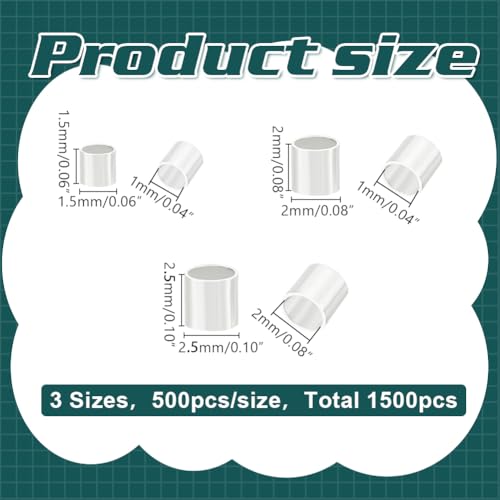 1500Pcs 3 Styles Brass Tube Crimp Beads Silver Tube Beads Crimping Tubes Accessories Round Tubes Loose Spacer Bead for Jewelry Making Hole: 1-2mm - color: Silver