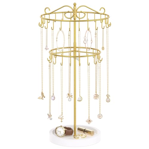 iDavosic.ly 2 Tier Rotating Necklace Holder Organizer with 42 Hooks, Adjustable Metal Bracelet Display Stand Rack, Extra Tall Keychain Spinning Tree Tower for Women, Wooden Base | White & Gold - color: White with Wooden Tray