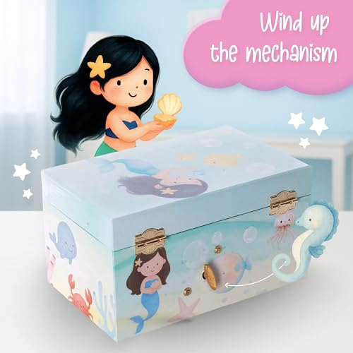 The Memory Building Co Mermaid Musical Jewelry Box Plays Classic Melody, Storage Organizer Music Box for Kids Ages 6-12, MDF Wood w/ 2 Fabric Lined Ring Bracelet Necklace Treasure Compartments - style: Mermaid