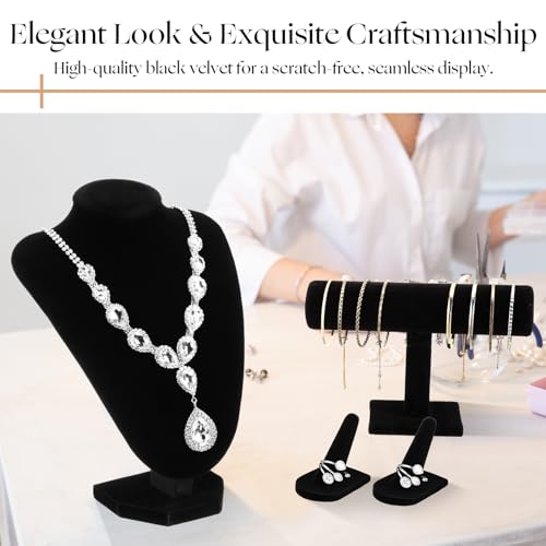 Wenqik 4 Pcs Velvet Jewelry Display Set Velvet Necklace Bust Holder Bracelet Organizer 2 Ring Finger Jewelry Holder - color: Black