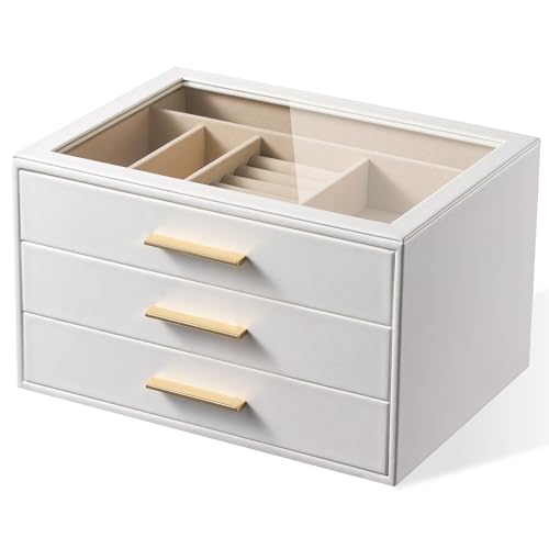 pickpiff Jewelry Box Organizer Case for Women: 3-Layer Jewelry Storage Case with Glass Window, Pure White Leather with Velvet Holder for Ring Necklace Bracelet Brooch Watch, Great Gift for Her - color: Pure White, size: 3 layer