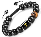 FRG Initials Bracelets for Men Letter Link Handmade Natural Black Onyx Tiger Eye Stone Beads Braided Rope Meaningful Bracelet - style: Braided rope-T