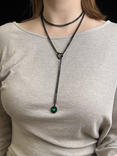 Heart Slip Chain Necklace for Women, 39 Inch Cuban Chain, Removable Heart O-Ring, Crystal Pendant, Adjustable Stainless Steel Y-Necklace - color: Black-Green