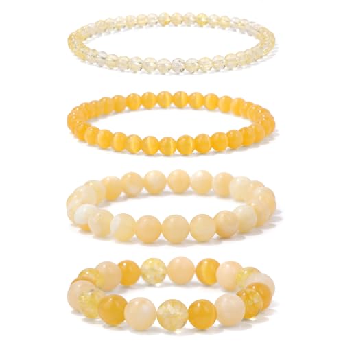 Vinswet 4pcs Beaded Bracelets for Women,Natural Healing Crystal Gemstones Bracelet,Anxiety Stress Relief Bracelet Handmade purple Jewelry Gifts for Women - color: Citrine&Yellow Cat Eyes&Yellow Jade
