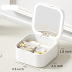 Portable Jewelry Box with LED Mirror, White, 3.5 x 3.5 x 1.8 inches, Travel Size Organizer