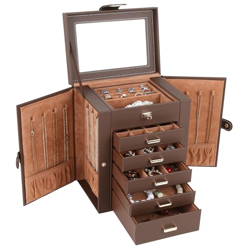 Kendal Jewelry Box, 6-Layer Jewelry Storage Organizer for Necklace Bracelet Rings Watch, 10.2"x8.2"x6" Classic Brown PU Leather 5 Drawers Large Storage Capacity with Mirror - color: Brown, size: Medium(10.2"x8.2"x6")
