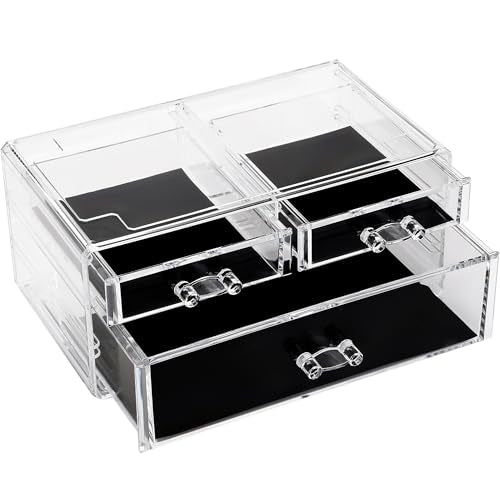 Sea Team Clear Makeup Organizer with Drawers, Acrylic Plastic Cosmetic Display Case, Jewelry Storage Box, Holder for Dresser, Bathroom, Vanity, Countertop (1 Large, 2 Small Drawers) - size: 1 Large, 2 Small Drawers