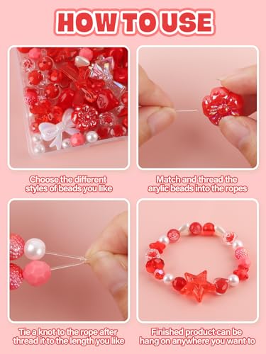 150PCS Valentine's Day Acrylic Pastel Beads for Jewelry Making, Kalolary Colorful Bow Butterfly Flower Kawaii Plastic Candy Heart Cute Macaroon Aesthetic Beads for Bracelet Necklace DIY Supplies (Red) - color: Red