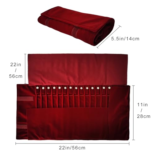 Portable Jewelry Roll Untangled Secure Necklace Travel Storage Bag Displays Holder 16 Chain (Burgundy) - color: Burgundy