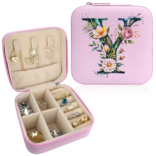 Monogram Jewelry Box Portable Print Jewelry Box, 1pcs Pink Compact Jewelry Box Travel Jewelry Case Travel Case Organizer Bag Storage Box Jewelry Holder For Necklace Earrings Rings Bracelet (Letter Y) - color: Letter Y