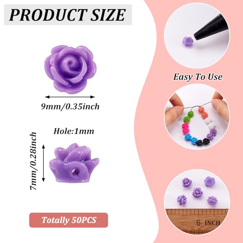 Beadthoven 50pcs Opaque Resin Rose Flower Beads MediumPurple Floral Flat Base Cabochons Embellishment for DIY Scrapbooking Jewelry Making 9x7mm Hole: 1mm - color: MediumPurple#9x7mm-50pcs