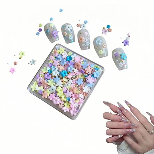 250-300 Pieces 3D Nail Art Flowers Flat Back Charms, Mixed Colors, 0.12-0.24 Inch Mix Color Petals with Gold Beads & White Pearls, DIY Nail Gems Rhinestones (Colorful Five Petals)