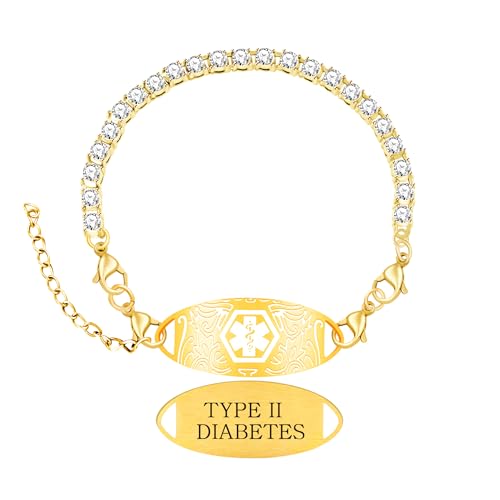 Women's Medical ID Bracelet with White Zircon Tennis Chain, Interchangeable Engraved Plate, Adjustable Lobster Clasp, Lightweight, Hypoallergenic, for Running, Outdoor, Daily Wear - color: Gold-TYPE II DIABETES