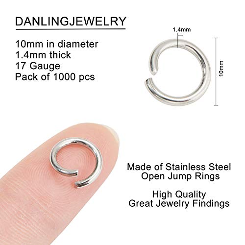 DanLingJewelry 1000 pcs 304 Stainless Steel 17 Gauge Open Jump Rings 10mm for Jewelry Making Connectors Jewelry Finding Stainless Steel Color - color: 1000 pcs - ф10mm δ 1.4mm