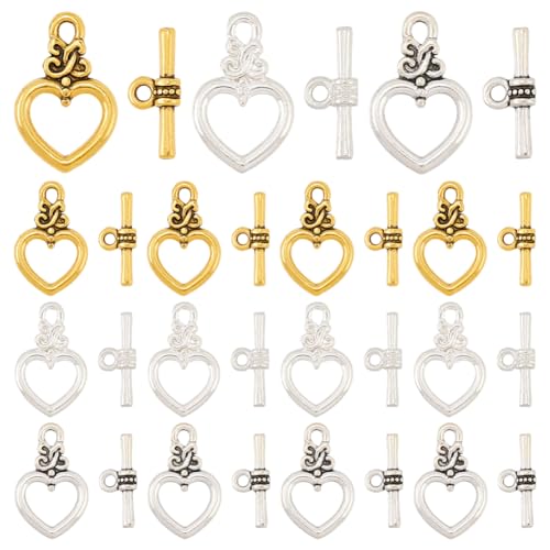 SUNNYCLUE 1 Box 3 Colors 72 Sets Heart Toggle Clasp Toggle Jewelry Clasps Alloy Antique Golden Silver Bar and Ring t-Bar Clasp Connector for Jewelry Making DIY Necklace Brcalet Women Accessories - style: Style 4