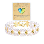 Double Layer Pearl Heart Bracelets for Women, Cubic Zirconia Charm Jewelry, Adjustable Gold Silver Stackable Bracelet Jewelry Set Birthday Gift for Mom Daughter Wife - color: Gold-Green