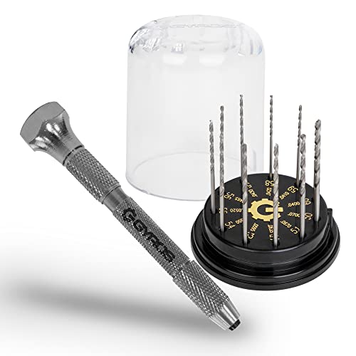 Gyros Pin Vise Hand Drill with Swivel Head and Mini Twist Drill Bit Set #50-60 11 Piece Micro Drill Bit Set Professional Bundle for Jewelry Making, Hobby, Crafts and DIY