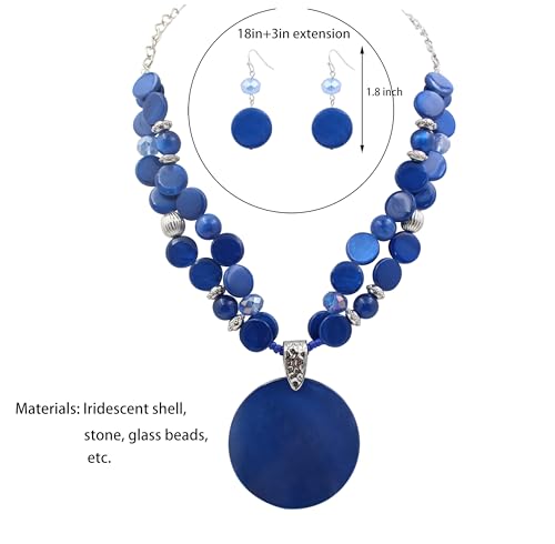 Layered Beads Statement Fashion Necklace Chunky Jewelry Set Big Colorful Glass Stone Circle Shell Pendant Choker Necklace and Earring Set for Women - color: blue