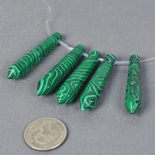 50mm Synthetic Malachite Hexagonal Wand Jewelry Making Crystal Pointed Chakra Reiki Healing Beads 2mm Hole Drilled(Pack of 5) - color: Synthetic Malachite
