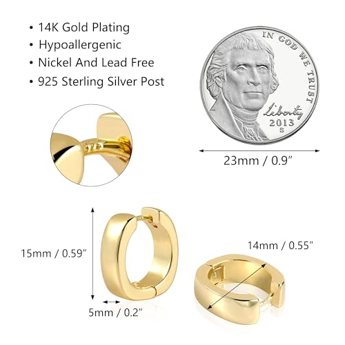 925 Sterling Silver Earrings Small Chunky Hoop Earrings for Women Trendy Huggie Hoop Earrings 14K Gold Plated Hypoallergenic Earrings Small Thick Huggie Hoops Earrings - color: 14K Gold