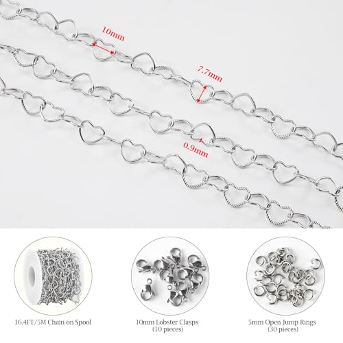 KYUNHOO 5 Meters Hollow Heart Chain for Jewelry Making Silver Embossed Heart Jewelry Links Stainless Steel Necklace Making Chains Bulk for Men Women DIY Handcrafts Finding Supplies - color: Heart Silver