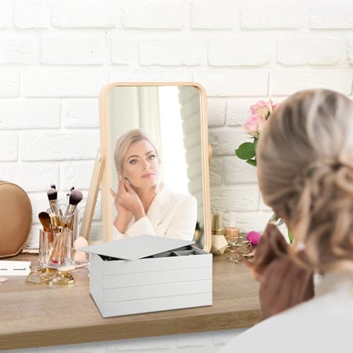 EZDeco Jewelry Organizer Tray with Lid,Extra Large Set of 4 Jewelry Trays for Drawers Stackable Jewelry Holder Inserts PU Leather Jewellery Storage for Ring Earring Necklace Bracelet for Mom(Grey)