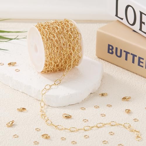 GTVOODX 16.4 Feet Gold Stainless Steel Chains for Jewelry Making Textured Cable Link Chain Spool for DIY Women Necklace Bracelet Jewelry Making Supplies with Lobster Clasps Jump Rings - color: Gold Textured Chains
