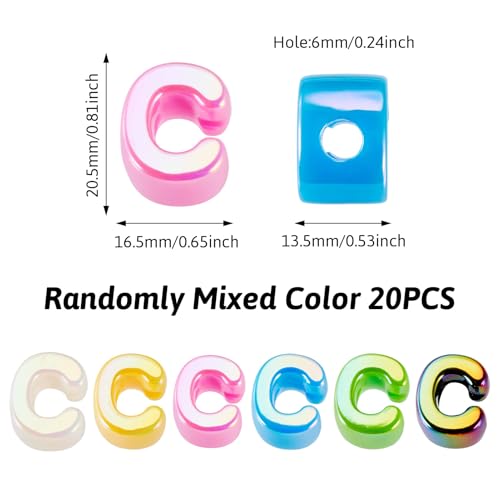 Beadthoven 20pcs Big Letter C Beads Large Hole Bubble Alphabet Acrylic Beads Charm Iridescent Plastic C Shape Loose Chunky Spacers for Jewelry Making Bracelet Necklace Keychains Shoelaces Crafts - color: C