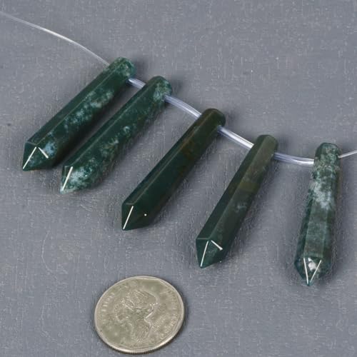 50mm Natural Moss Agate Hexagonal Wand Jewelry Making Crystal Pointed Chakra Reiki Healing Beads 2mm Hole Drilled(Pack of 5) - color: Moss Agate