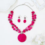 Layered Beads Statement Fashion Necklace Chunky Jewelry Set Big Colorful Glass Stone Circle Shell Pendant Choker Necklace and Earring Set for Women - color: fuchsia pink
