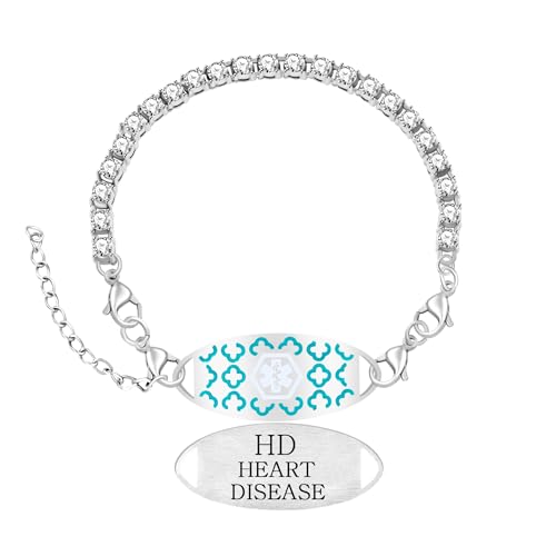 Women's Medical ID Bracelet with White Zircon Tennis Chain, Interchangeable Engraved Plate, Adjustable Lobster Clasp, Lightweight, Hypoallergenic, for Running, Outdoor, Daily Wear - color: Green-HEART DISEASE