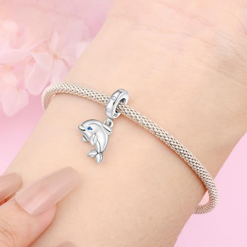 925 sterling silver Bead Charm for Pandora bracelets and Necklaces - Cute Heart Animal Ocean Pendant Bead Charms with Cubic Zirconia Mother's Day Jewelry Making DIY Gifts for Women Wife/Girlfriend - color: Little Dolphin Pendant Charm