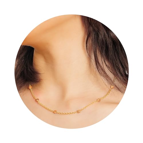 Dainty Gold Necklace for Women,Trendy 18k Gold Vermeil Sterling Silver Choker Necklace Thin Beaded Choker Necklaces Womens Simple Jewelry Gift for Valentines Day - color: November - Citrine