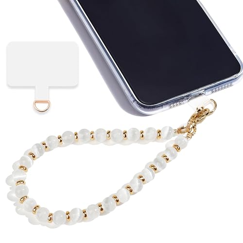 Marble Beaded Phone Wrist Strap,Detachable Phone Bracelet Strap with Tether Tab,Hands-Free Wristlet Strap (White Cat's Eye) - color: White Cat's Eye