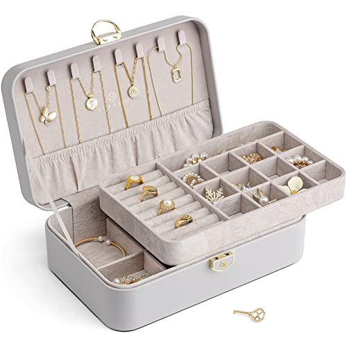 VLANDO Jewelry Boxes for Women,2 Layers Jewelry Box with Lock,Birthday Gifts for Women Girls,Jewelry Organizers for Earrings Necklace,Rings Storage Grey - color: 03.Grey