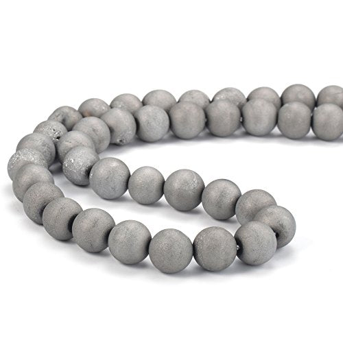 RUBYCA Round Dyed Electroplated Druzy Agate Quartz Crystal Gemstone Beads (1 Strand, Silver, 6mm) - color: Silver, size: 6mm
