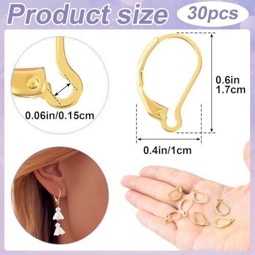 30 Pcs Leverback Earring Hooks, Stainless Steel Clasp Hoop, Hypoallergenic Dangles Earring Hooks, French Ear Wire Findings for Women, DIY Crafts, Jewelry Making (Gold) - color: Gold 30pcs